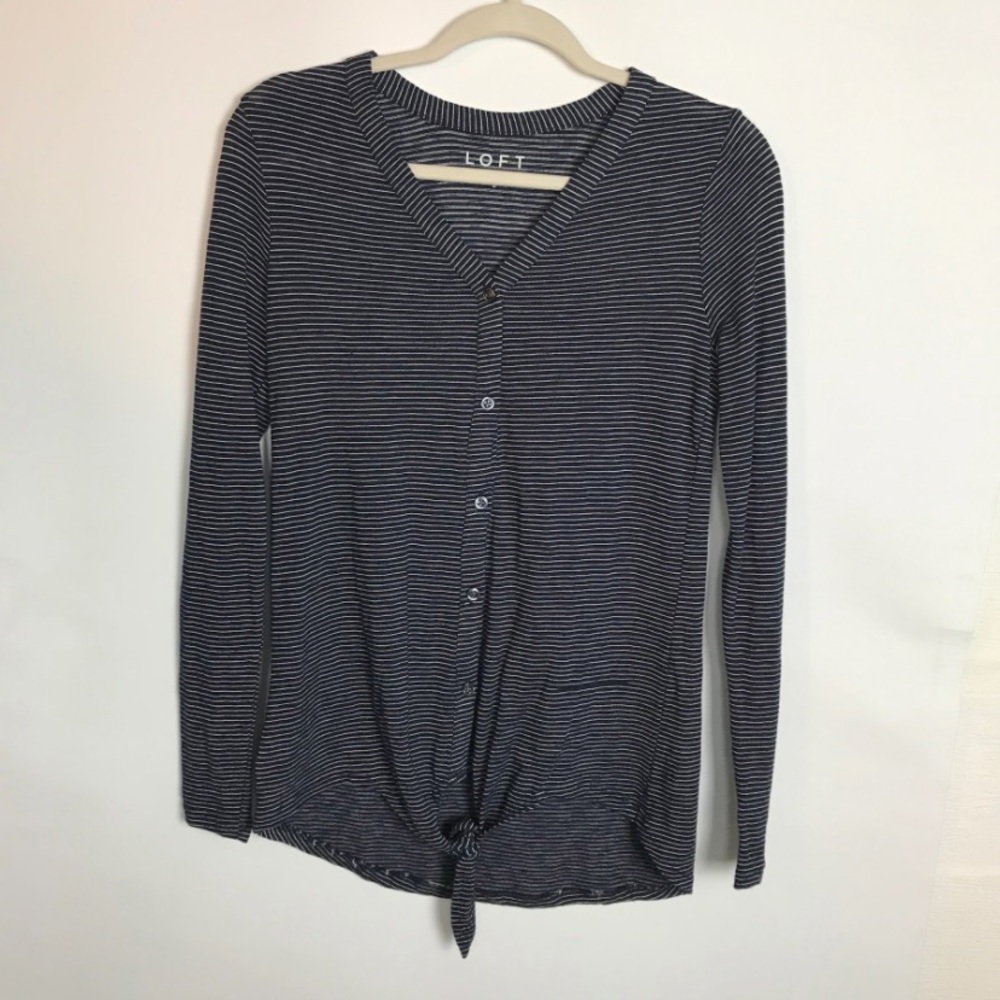 LOFT Women’s Navy White Stripe Button Down Casual Crew Neck Tie Waist Henley - S